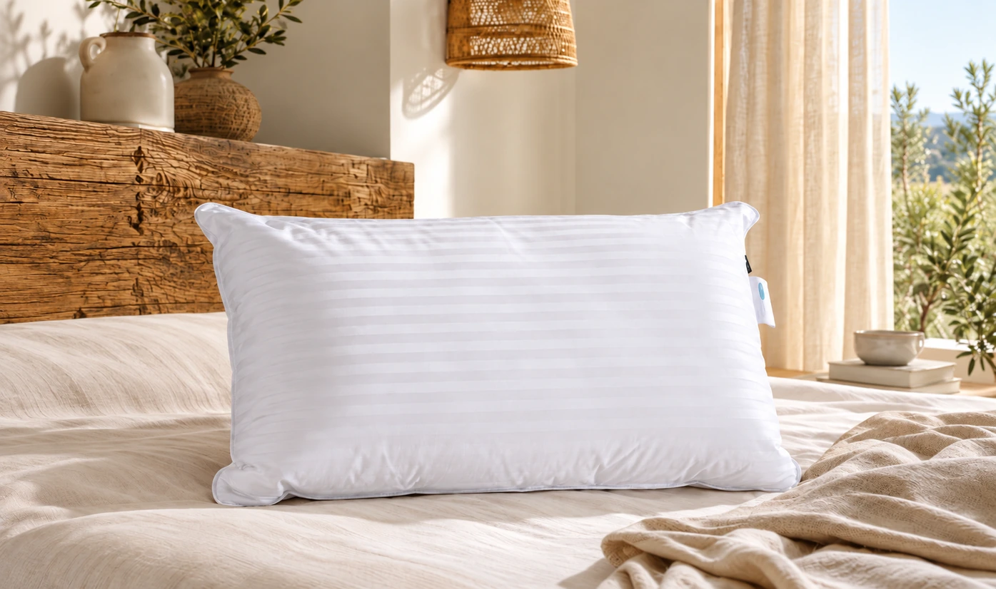 Two white rectangular sleeping pillows on a neatly made bed with upholstered headboard